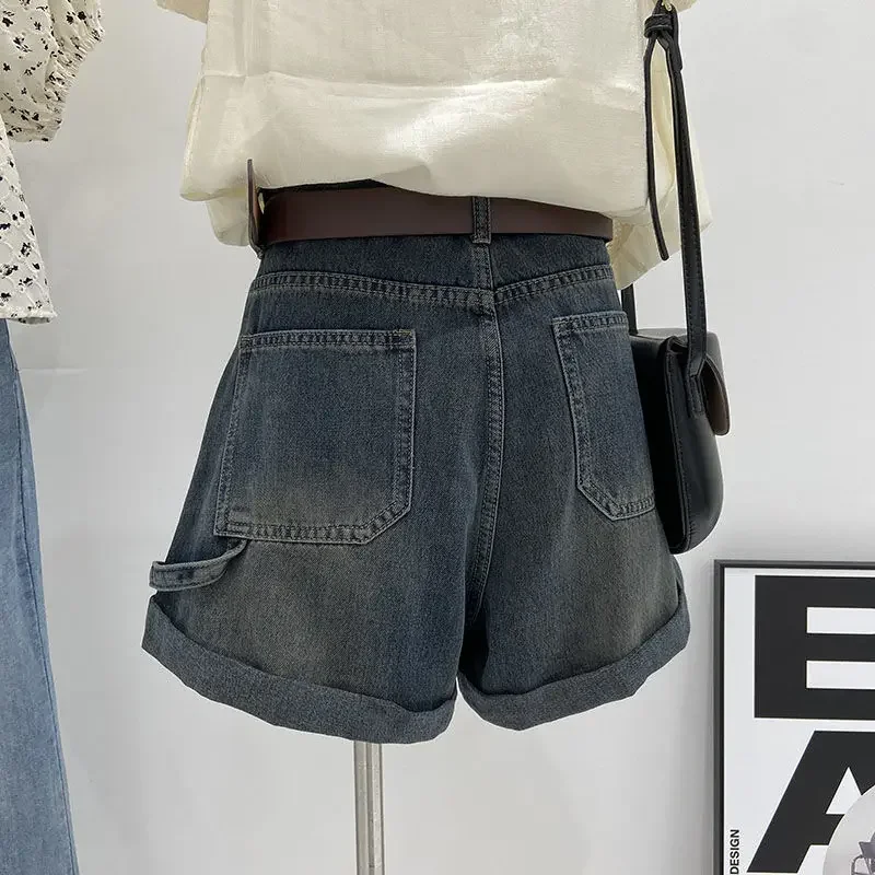 Neue Retro-Jeansshorts mit gerolltem Rand, 2025, hohe Taille, lockeres gerades Bein, A-Linie, weites Bein, schicke Tasche, heiße Jeanshose