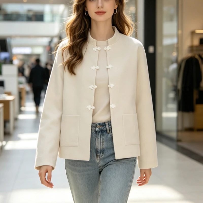 Women's New Style Chinese Stand Collar Jacket with Butterfly Buttons  Patch Pockets  Loose Long Sleeves  Casual Autumn Coat