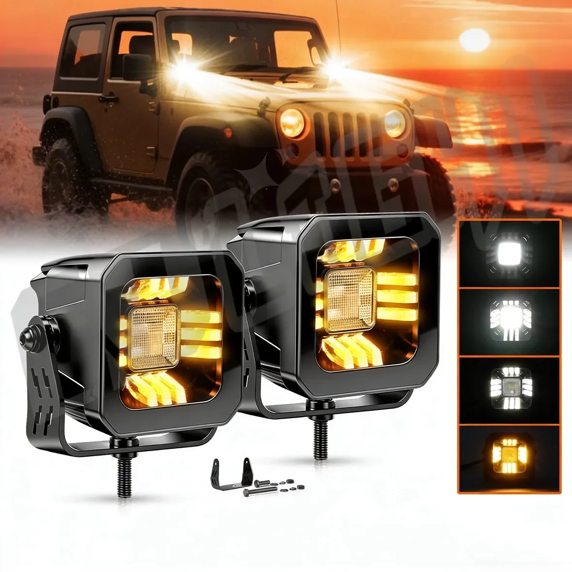 

HAOLIDE Led Work Light 3inch Dual Color White DRL+ Amber Position Light Spot Flood Light for Car A-Pillar Offroad SUV Motorcycle
