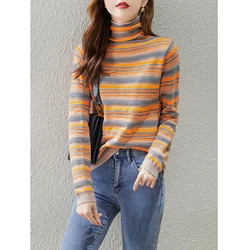 2022 Autumn Winter New Turtleneck Colorfull Striped Pullovers Sweaters Korean Style Bottoming Knitted Tops Female Clothing