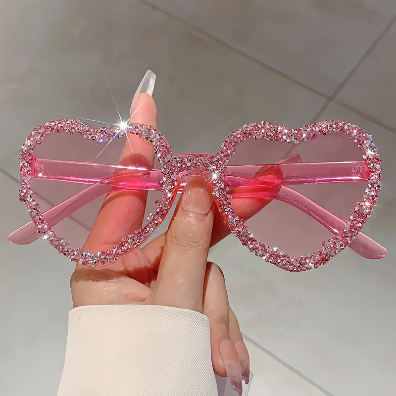 1pc Women Rimless Frame Heart Shaped Sunglasses Multi-color Lenses with Rhinestone Decorative Fashionable Chic Men Red Eyewear