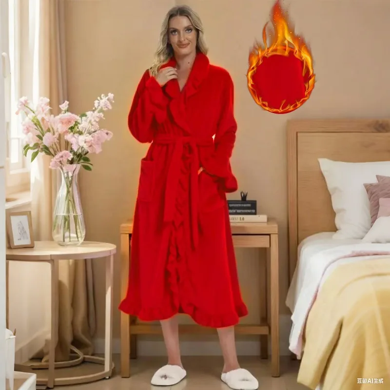 Women's Thickened Thermal Hooded Bathrobe Autumn Winter Solid Color Coral Fleece Nightgown French Court Style Home Outdoor Wear