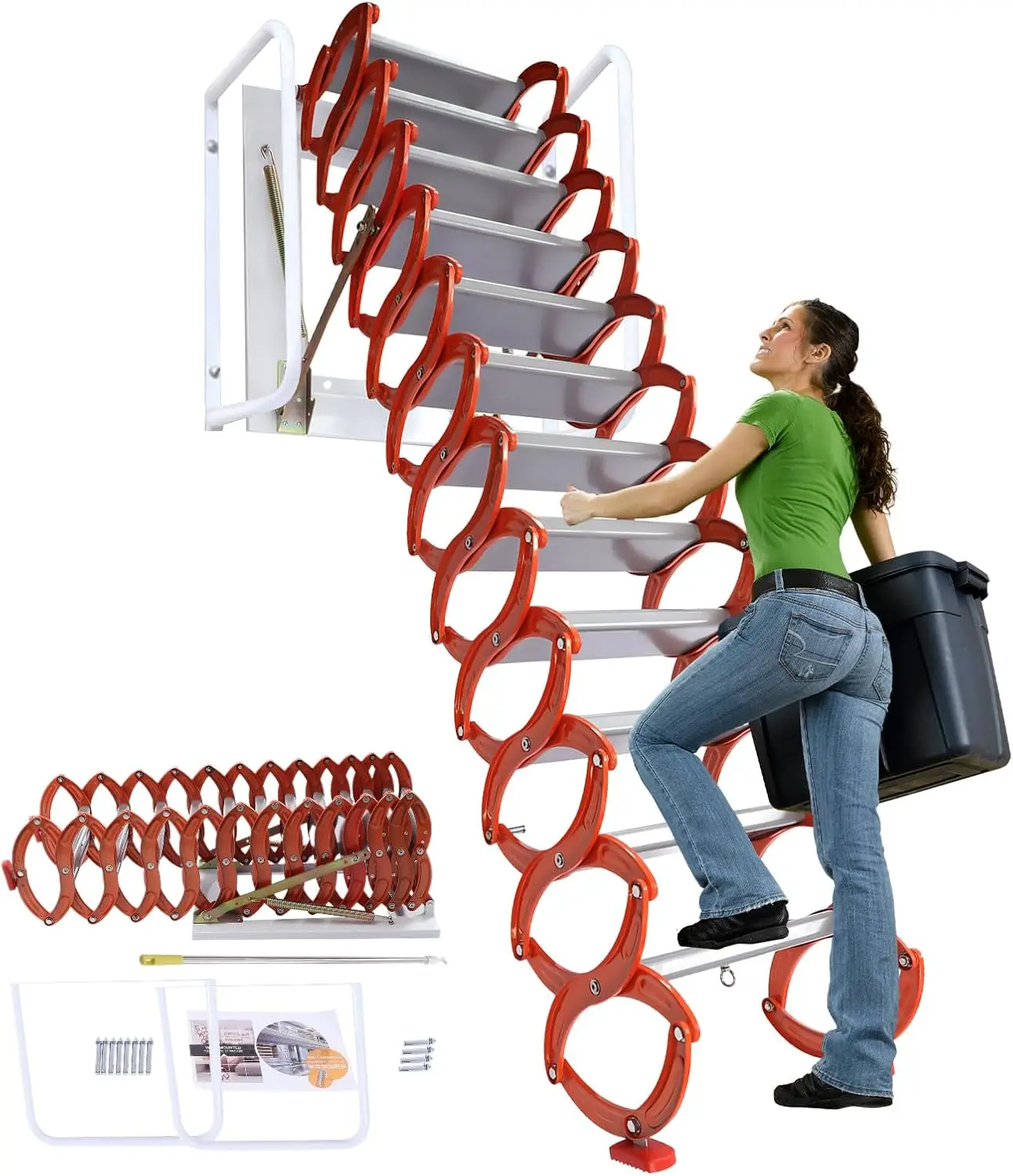 12 Steps Pull Down Attic Stairs, 881.85 Lbs Alloy Attic Access Ladder, 5.51In Pedals Pulldown Attic Stairs, Wall Mounted