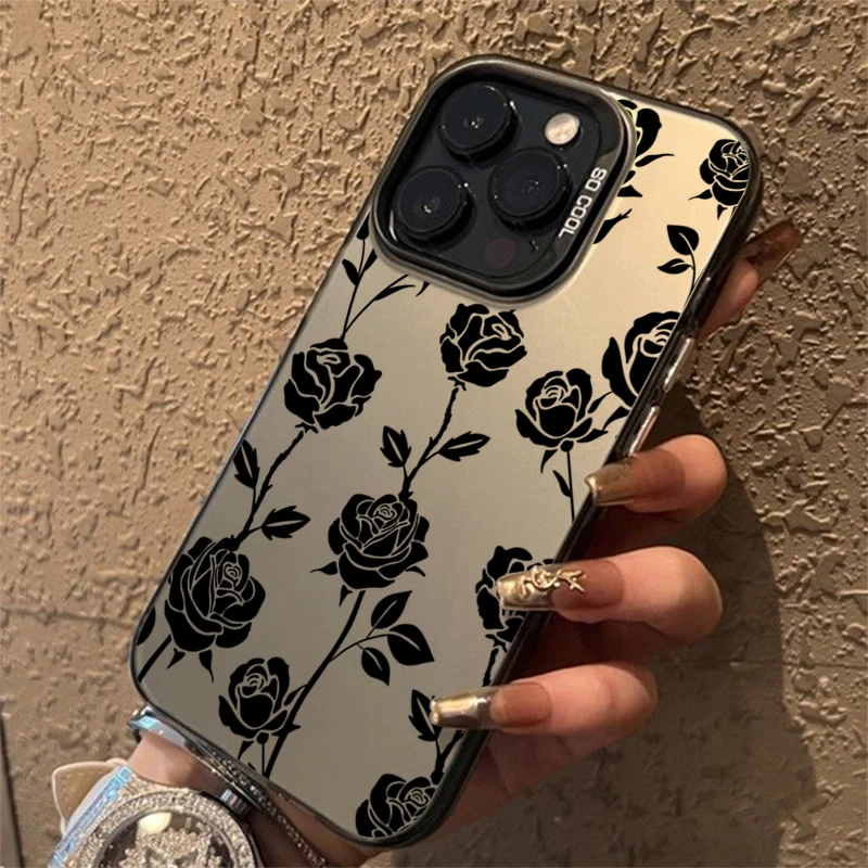 Luxury Vintage Rose Flower Phone Case for iPhone 16 12 13 14 11 15 Pro Max 7 8 Plus SE2 X XR XS MAX Black Back Shockproof Covers