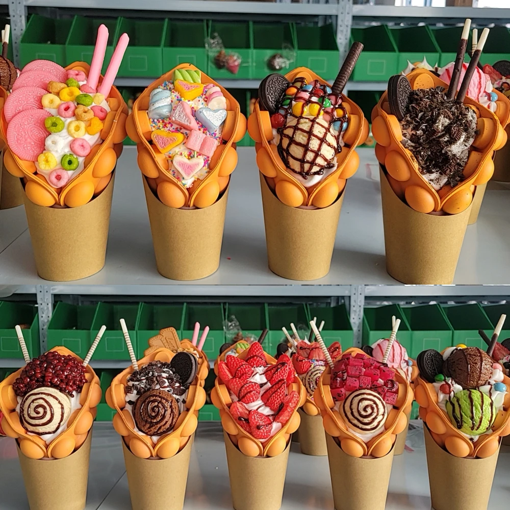 Fruits Bubble Waffle Model Ice Cream Order Display Sample Decoration Artificial Plastic Street Snacks Long Life Whipped Cream