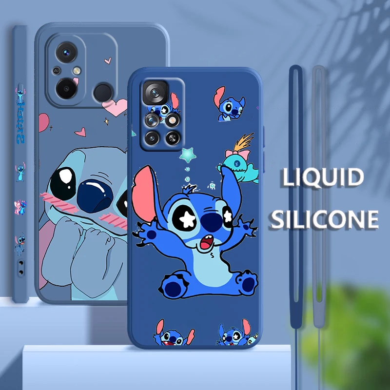 Cute Cartoon Stitch Baby For Xiaomi Redmi 12 12C 11 Prime A1 10 10X 9 9A 9AT 8 Pro 4G 5G Liquid Left Rope Phone Case Fundas