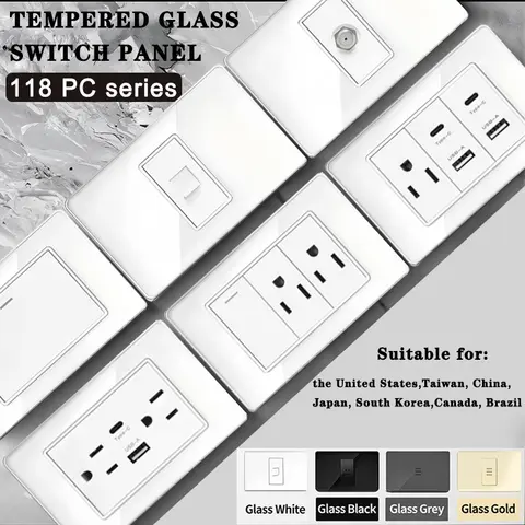 미국 멕시코 태국 벽면 콘센트 조명 스위치 118*75mm 강화유리 스마트 USB C타입 20W 고속 충전 110V 화이트 패널