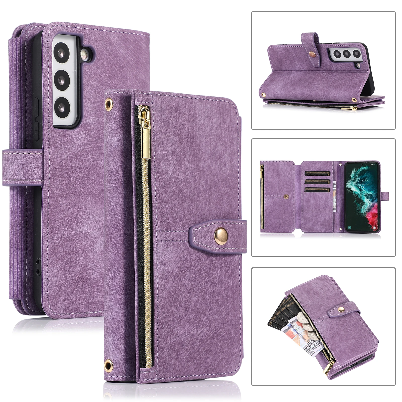 

Кожаный чехол на молнии для Samsung Galaxy S25 Ultra S24 S23 Plus A16 A26 A36 A56 A55 A35 A15 Card Solt Wallet Flip Book Bag Cover