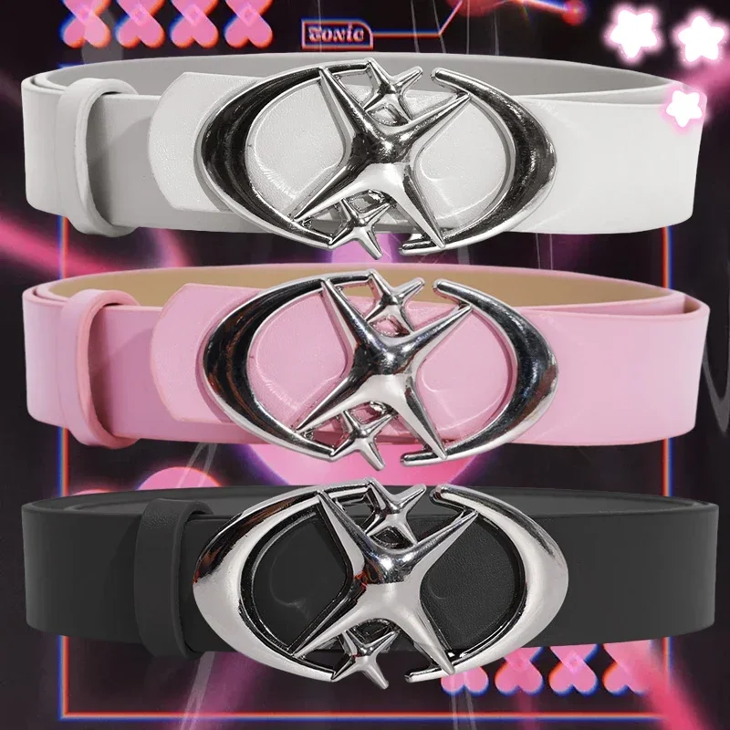 Fashion Spicy Girl Pink PU Leather Belt Metal Punk Cross Buckle Moon Star Buckle Belt Waistband Women Y2K Versatile Decorative