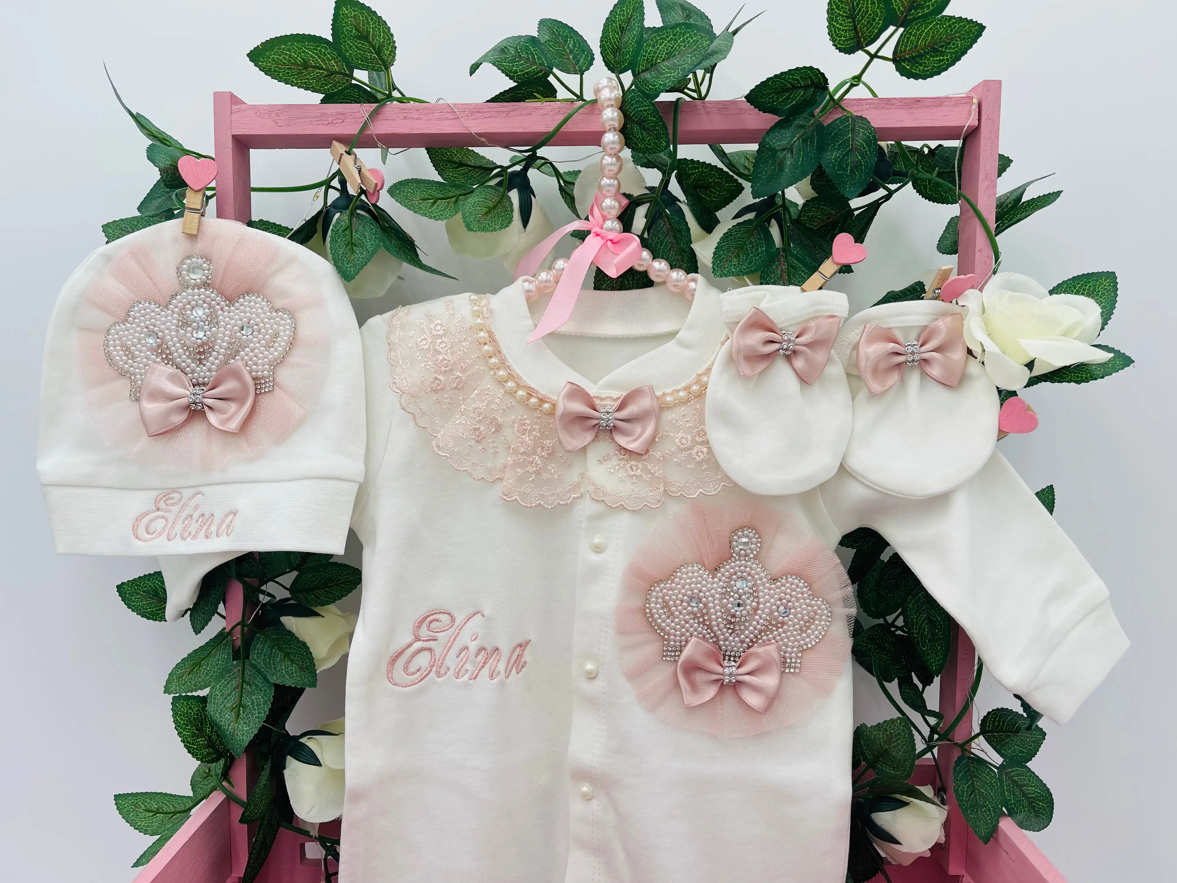 Angle Wing Take Me Home Outfit Pink Lace Baby Gown Baptism Gift Butterfly Baby Outfit and Bonnet  Infant Girl 3pcs Layette view 4