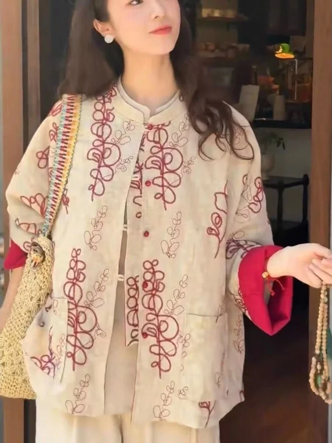 

New Chinese Sle Printed irt Coat Casual Long Sve Turn-down Collar Single Button Loose National Spirit Top Women's Faion