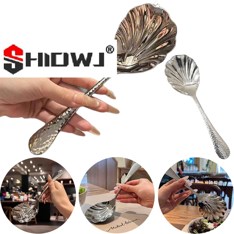 Shell Shape Stainless Steel Spoon With Long Handle Dessert Spoon Ice Cream Scoops Large Serving Ladle For Restaurant Kitchen