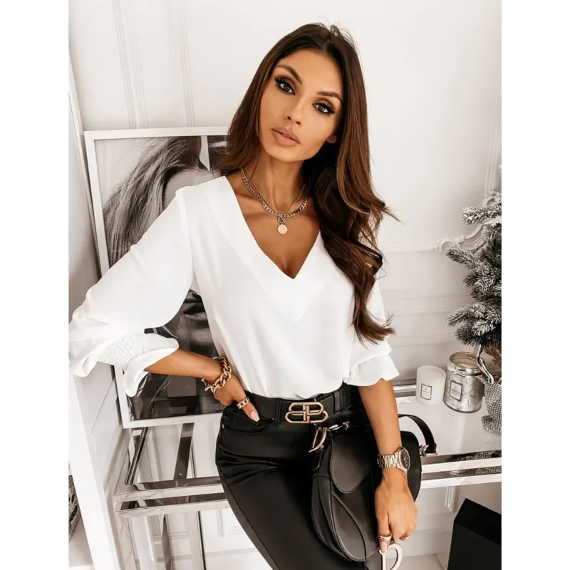 

Fashion Hollow Lace Women's Pullover Fashion White Blouse Sexy Chic Back V-shaped Stylish V-neck Long Sleeve Shirt Elegant Tops