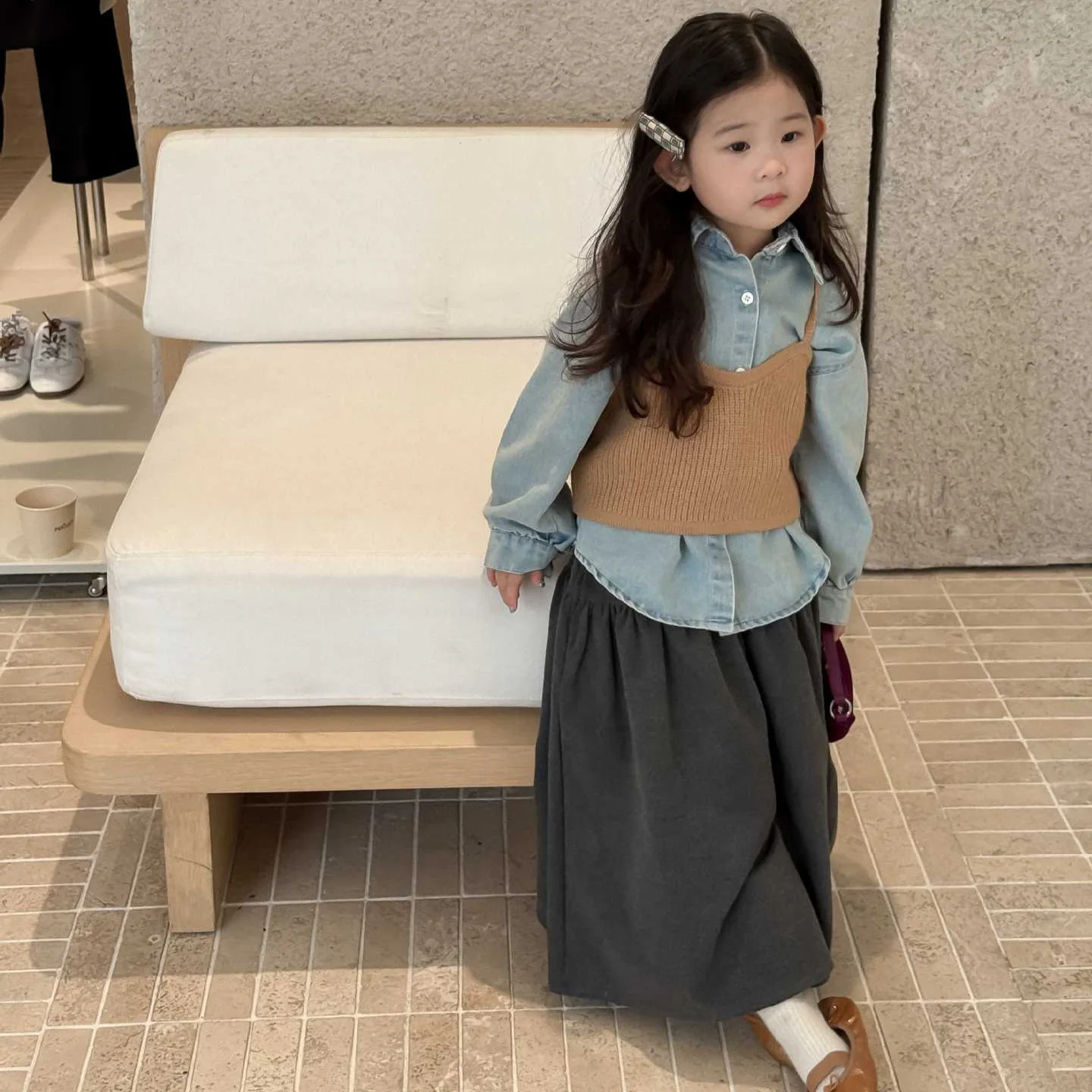 

Girls Suit 2025 Autumn New Children's Clothing Korean Style Girl Baby Sweater Halter Jean Shirt Wide Leg Pants Three Sets