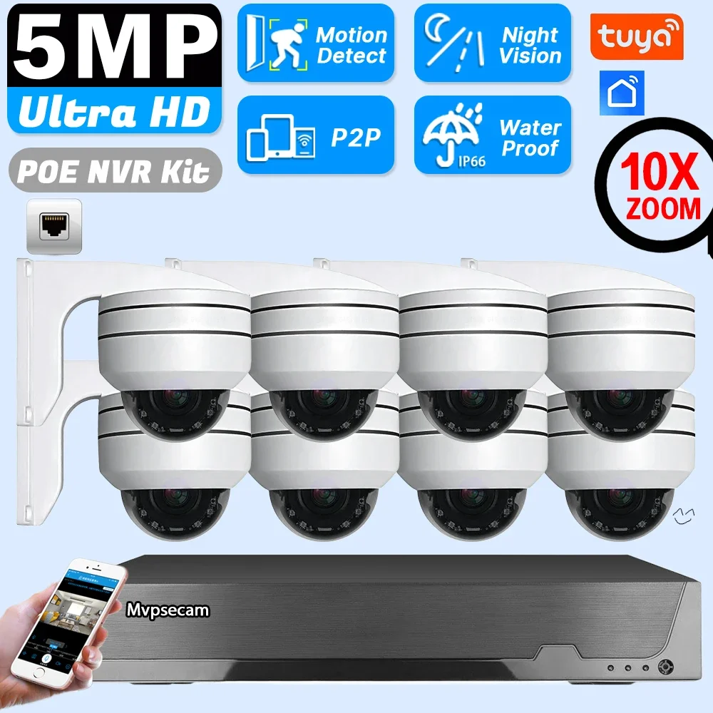 

5MP PTZ CCTV Camera Security System Kit Tuya 4K 8CH POE NVR Set 10X Zoom Audio POE IP Dome Camera Video Surveillance System Kit