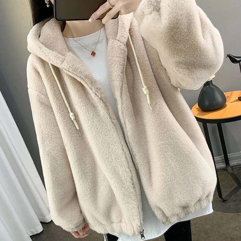 GIDYQ Pink Faux Fur Hooded Jackets Women Casual Loose Thick Warm Imitation Rabbit Fur Outwear Mid Length Plush Coat Winter