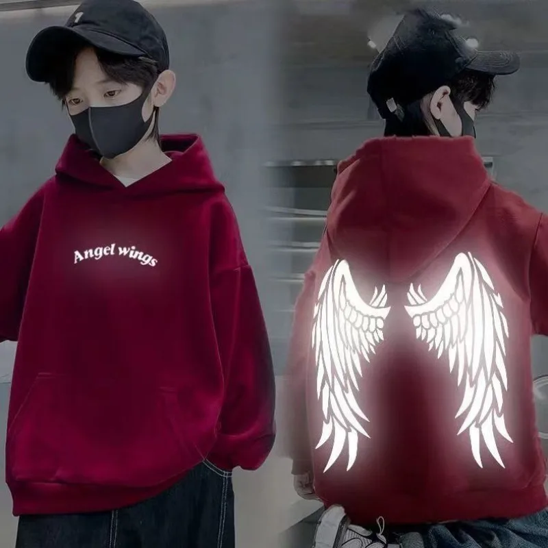 Sudadera con capucha para niños, estampado de alas de Ángel reflectantes, forro polar, jersey juvenil cálido de invierno, ropa deportiva informal para exteriores, Top para adolescentes