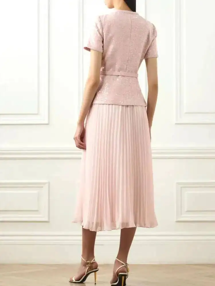 QMQA Fashion Women's Elegant 2 Pcs Set O Neck Short Sleeve Sequins Tweed Belt Coat High Waist Pleated Skirts Sets 2024 New 1A115 - view 2