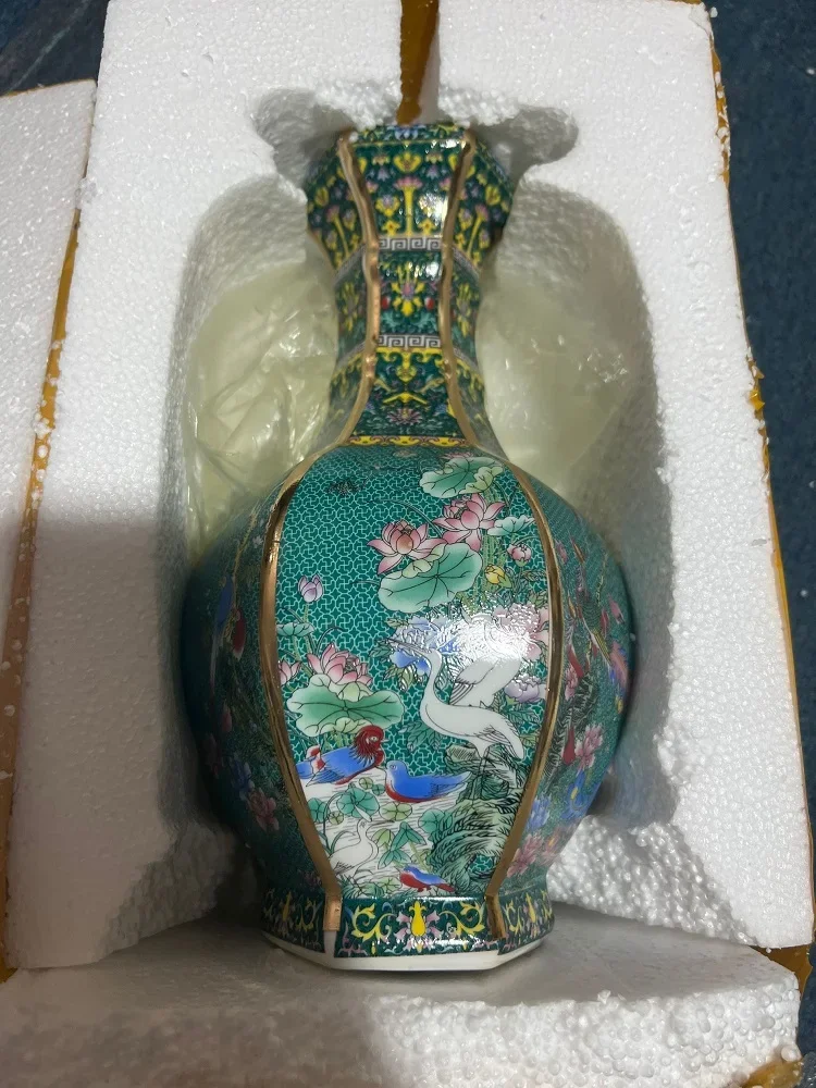 ingdezhen Qing Qianlong المينا الملونة زهرة والطيور زجاجة سداسية مع الخزف الحرفية العتيقة المفروشات المنزلية والعتيقة