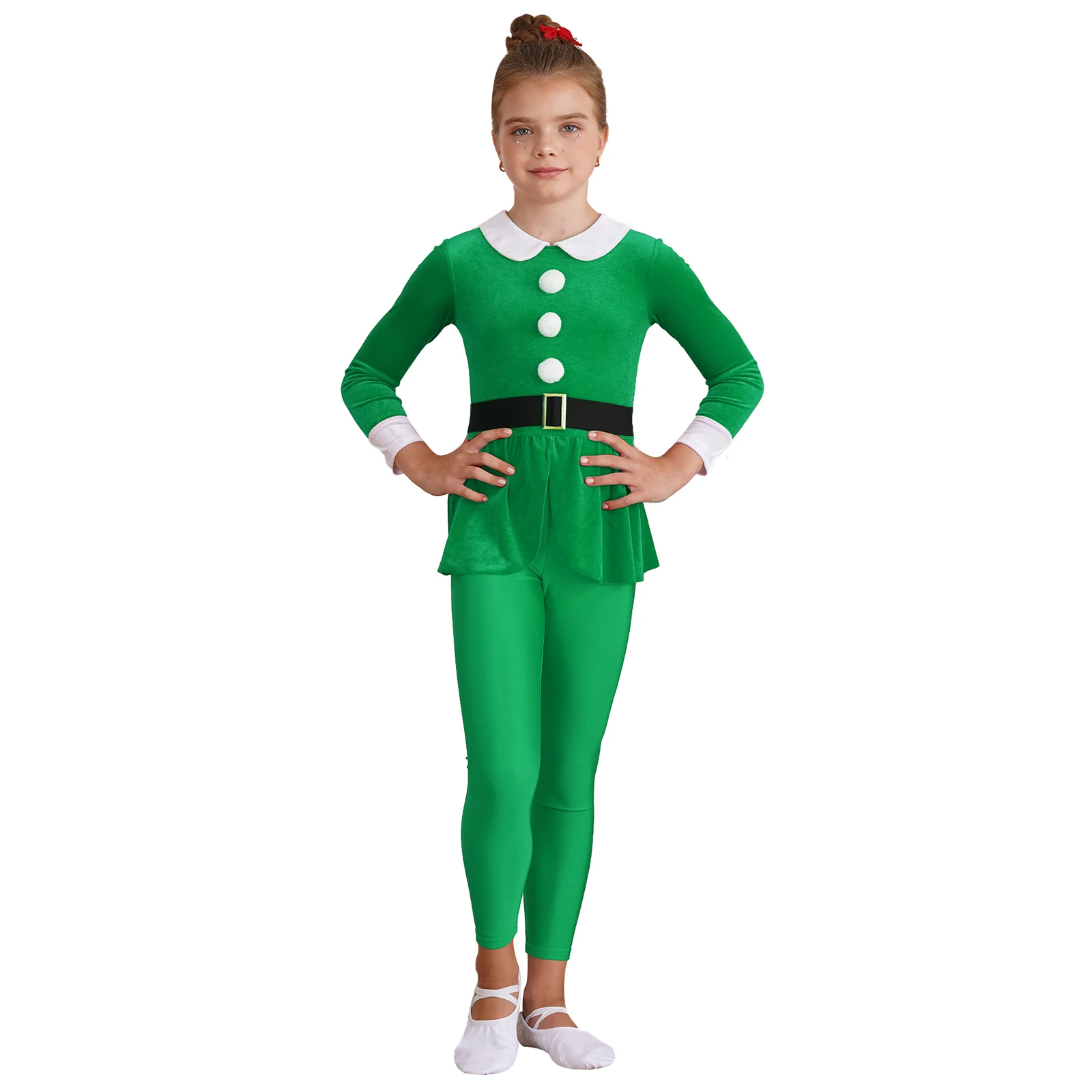 Kids Christmas Santa Claus Elf Costumes Long Sleeve Pompom Peplum Cosplay Jumpsuit Stage Performance Bodysuit for Boys Girls