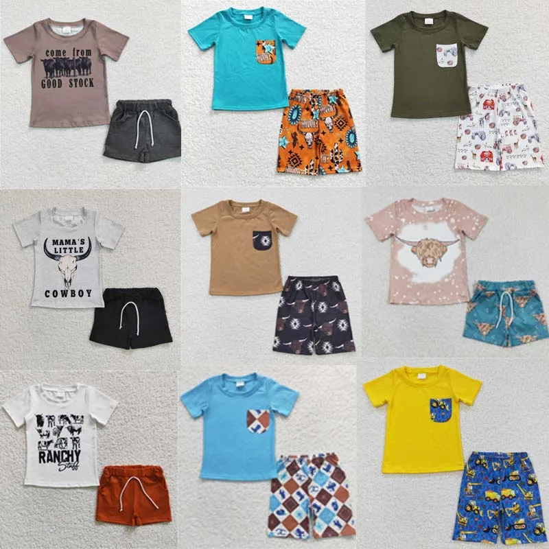 

Wholesale Baby Boy Summer Set Children Short Sleeves Cotton Pocket Shirt Tee Toddler Infant Western Print Shorts Kids New Outfit