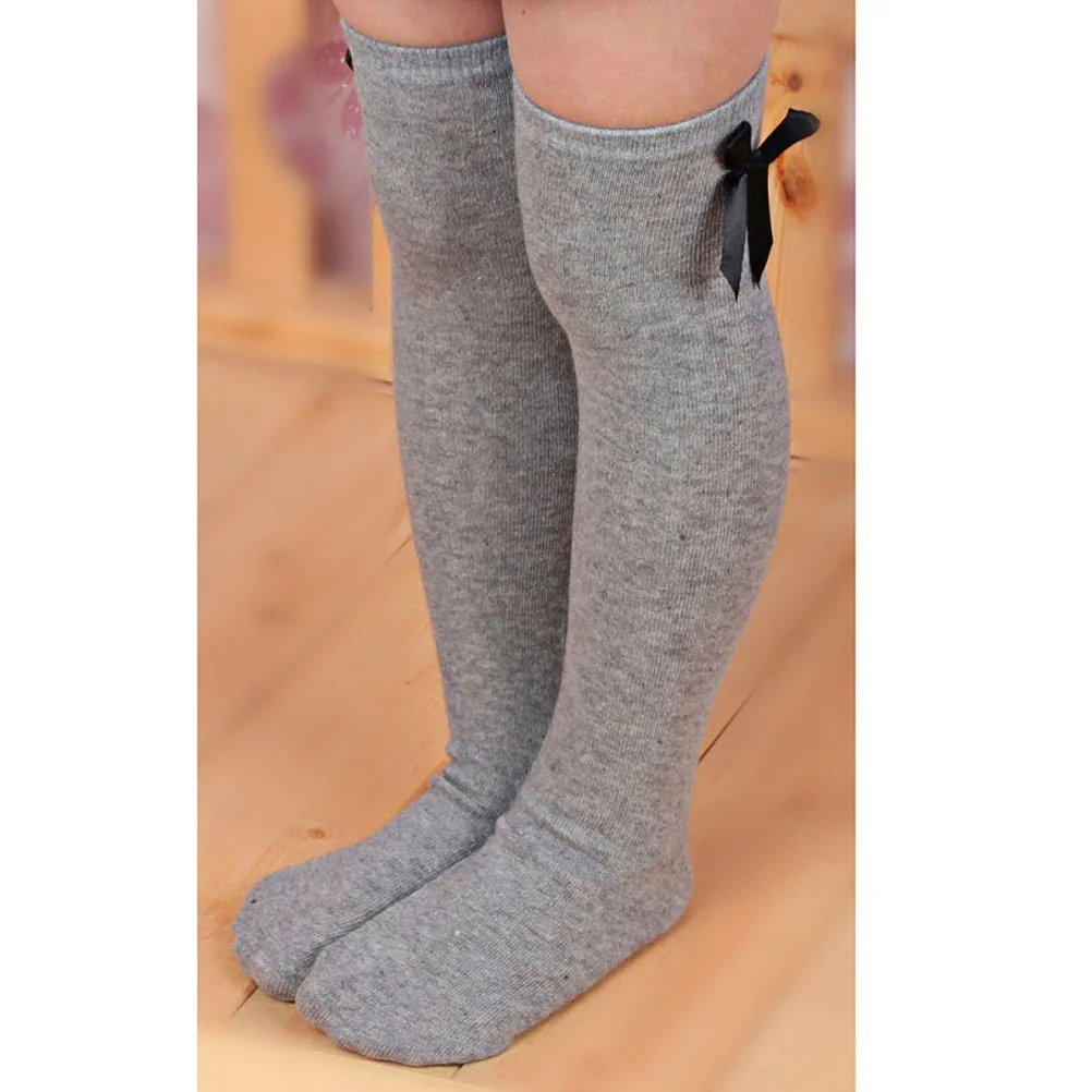 

1Pair Girls Kid High Socks Thick Warm Cotton Over The Knee Bow Knee Socks Grey for 1-8 Year Old Kids Lovely Stretchy Thigh