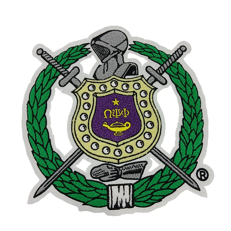 Latest custom Large Size Greek Letters Omega Psi Phi Fraternity Epsilon Phi 1925 Chenille Embroidery Iron on Patches for Garment