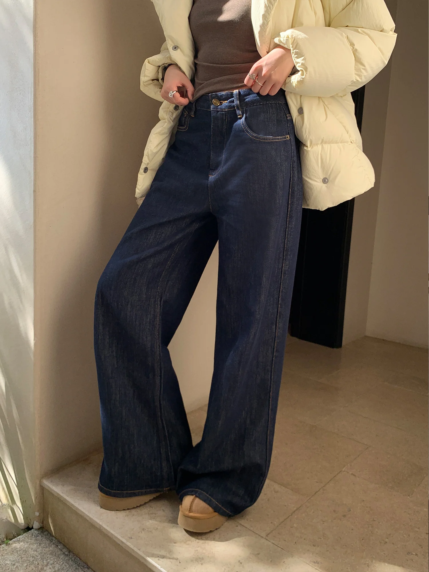 

Pusumede, широкие джинсы с высокой талией, женские свободные брюки длиной до пола, универсальные высокие женские длинные брюки, осенний сезон