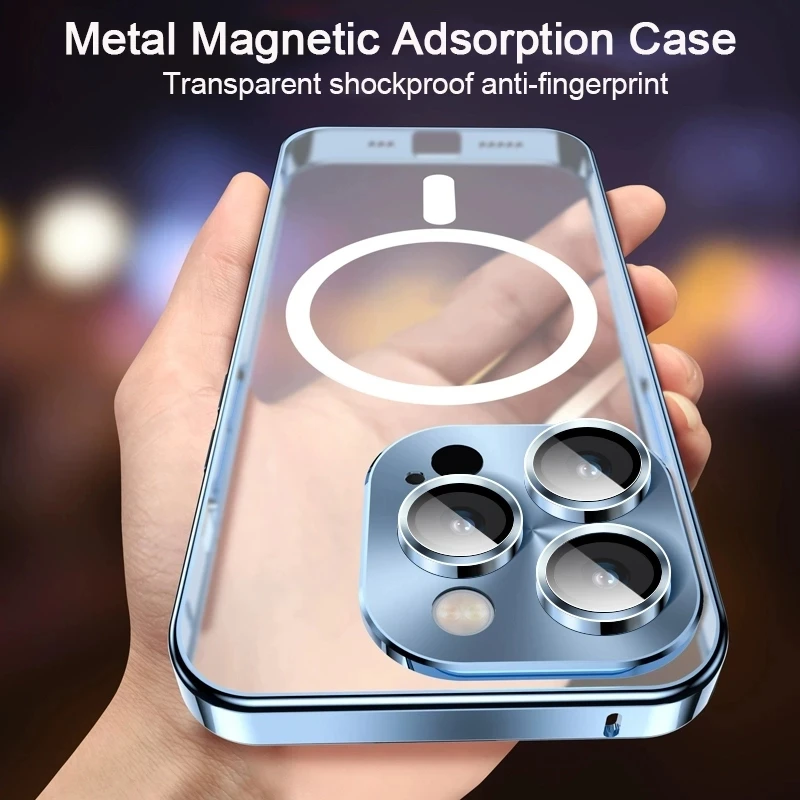 10pcs Magnetic Wireless Charging Aluminum Metal Bumper Case For iPhone 13 12 11 Pro Max Matte Transparent Lens Protector Cover