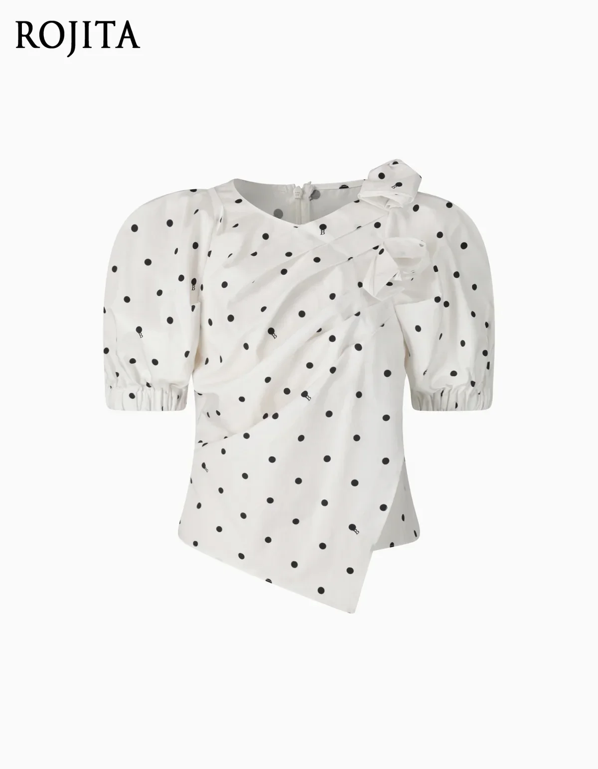Summer Polka Dot Puff Sleeve Cotton Shirt with Three-dimensional Tailoring Pleated Floral Decoration Blouse Women's Tops