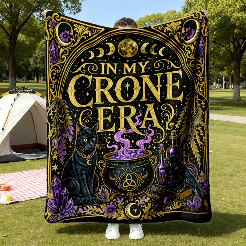 Crone Era Flannel Blanket, Gothic Raven Cauldron Throw, Witchy Botanical Gift for Women