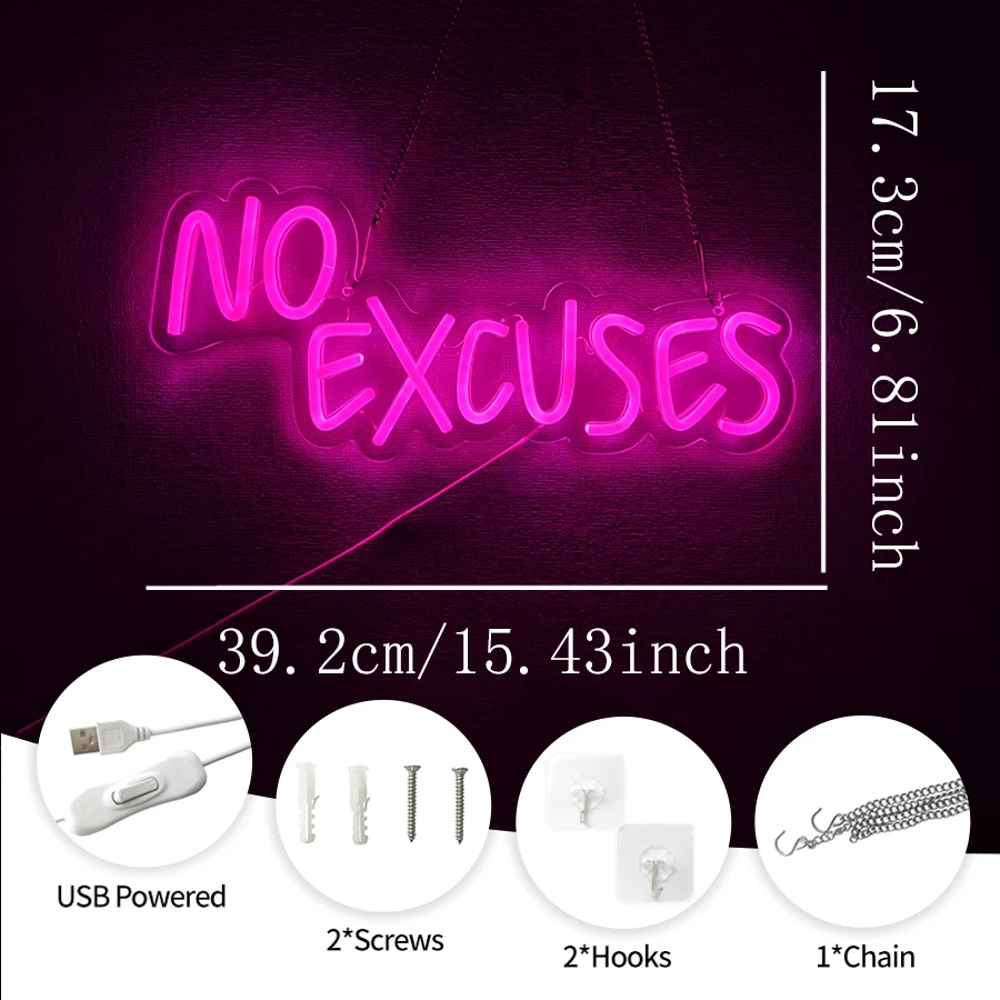 No Excuses Neon Sign For Wall Decor,Light Up Sign For Cafe,Bar,Gym,Living Room,Bathroom, Kitchen,Home Art Wall Decor Plaque Gift