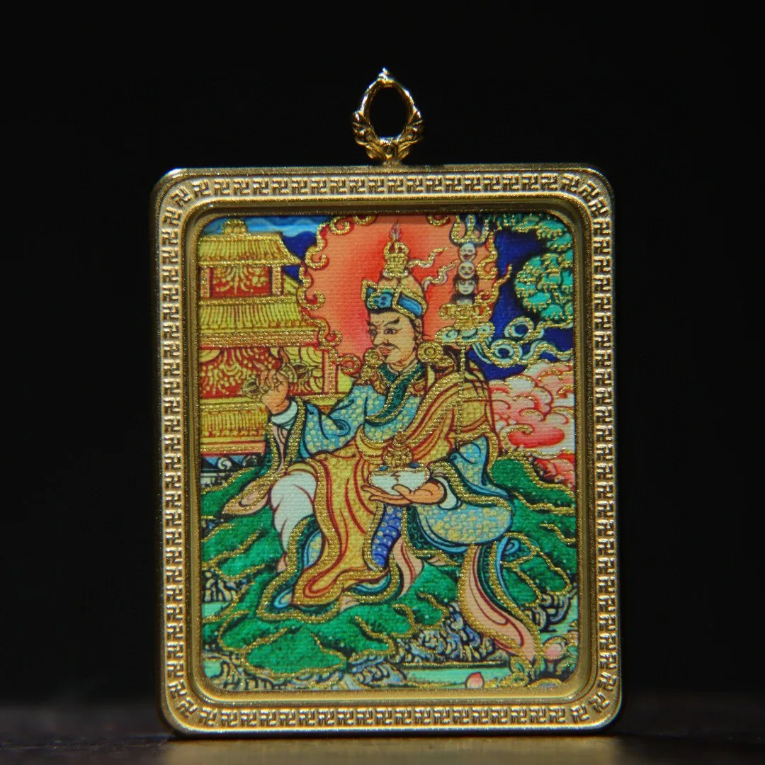 Tibetan amulet copper frame painted lotus peanut master sitting statue thangka pendant square necklace pendant jewelry 6.8 cm