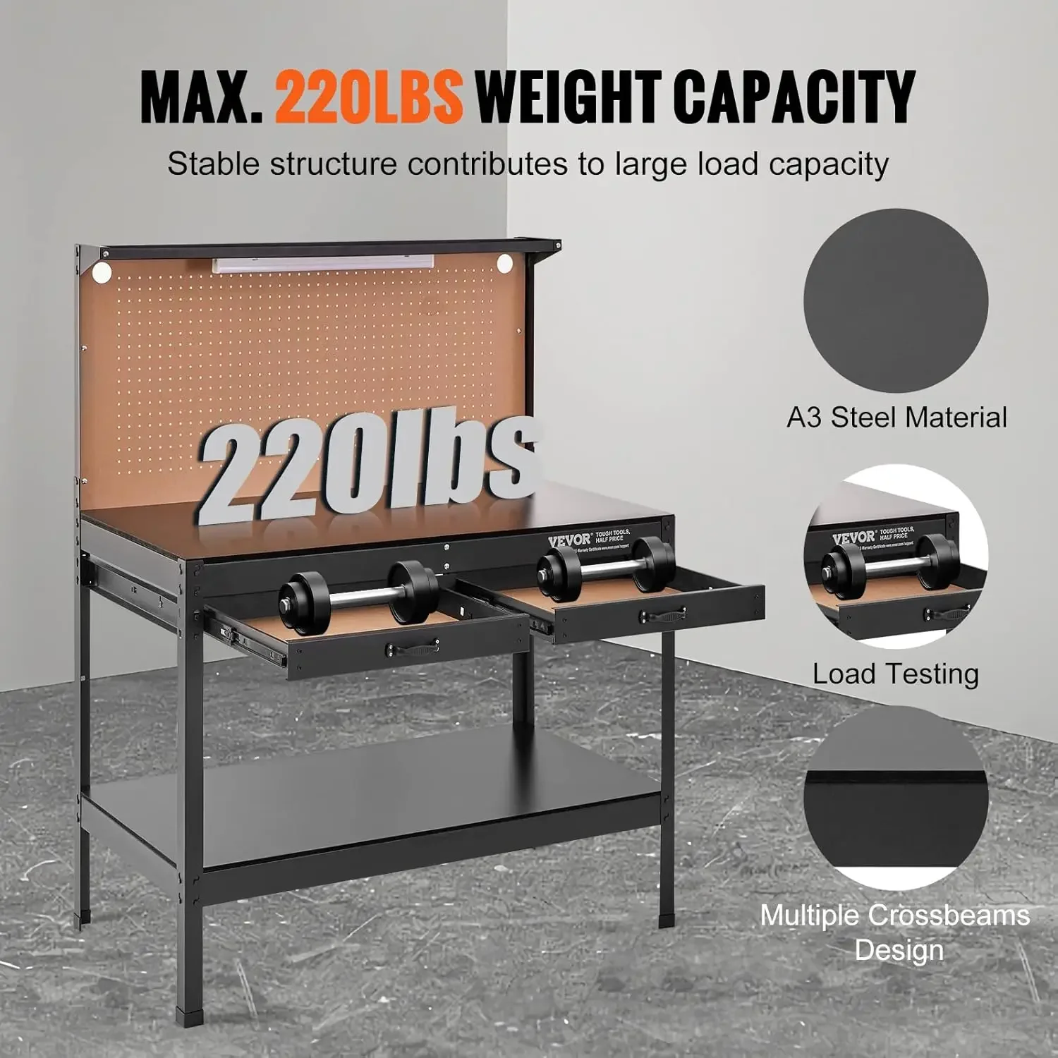 Stół warsztatowy VEVOR A3 Stalowy stół warsztatowy do garażu max. Stół warsztatowy o mocy 1500 W. Waga 220 funtów. Udźwig 0,47 cala. Grubość blatu