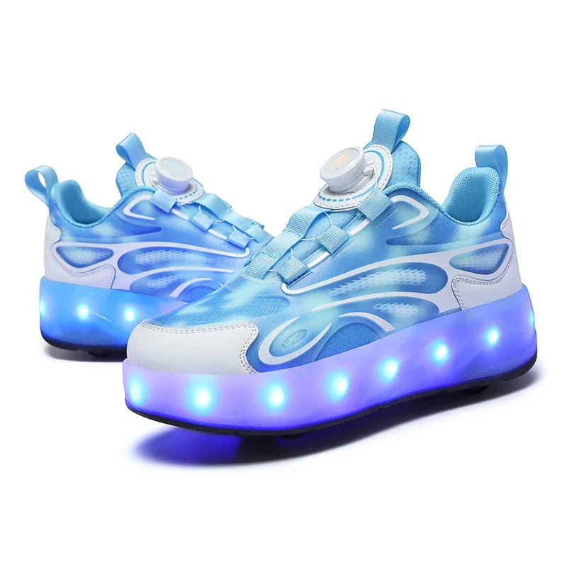 Four Wheels Children LED Shoes USB Charging Kids Roller Skates Swivel Button Boys & Girls & Women Sneakers Size 30-40