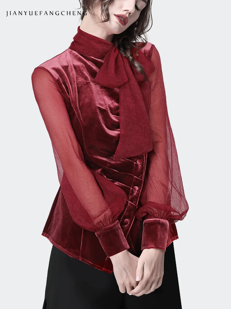 Elegant and Stylish Women\'s Velvet Chiffon Blouse with Bow Tie and Lantern Sleeves Red Irregular Shirt for 2024 Spring Fashion