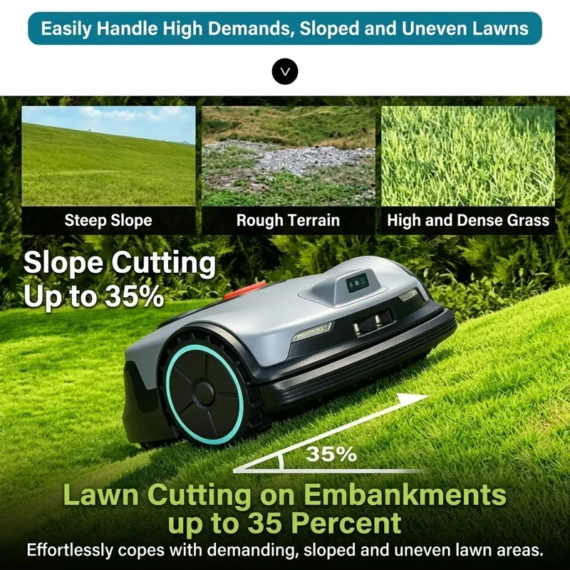 Self Propelled Lawn Mower Robotic Grass Cutter Rechargeable Sloped Terrian, Hotel Lawn, Public Park