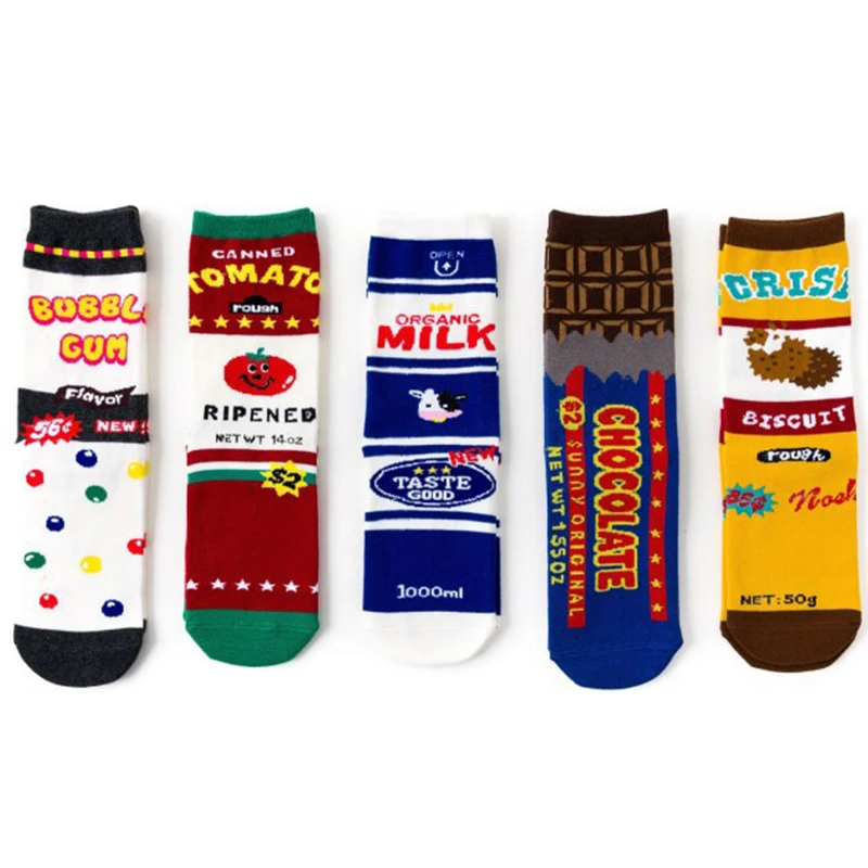 5 Pairs/Pack Funny Women Socks Colorful Milk Tomato Cookies Food Letter Happy Cotton Harajuku Lady Girl Long Socks For Gift