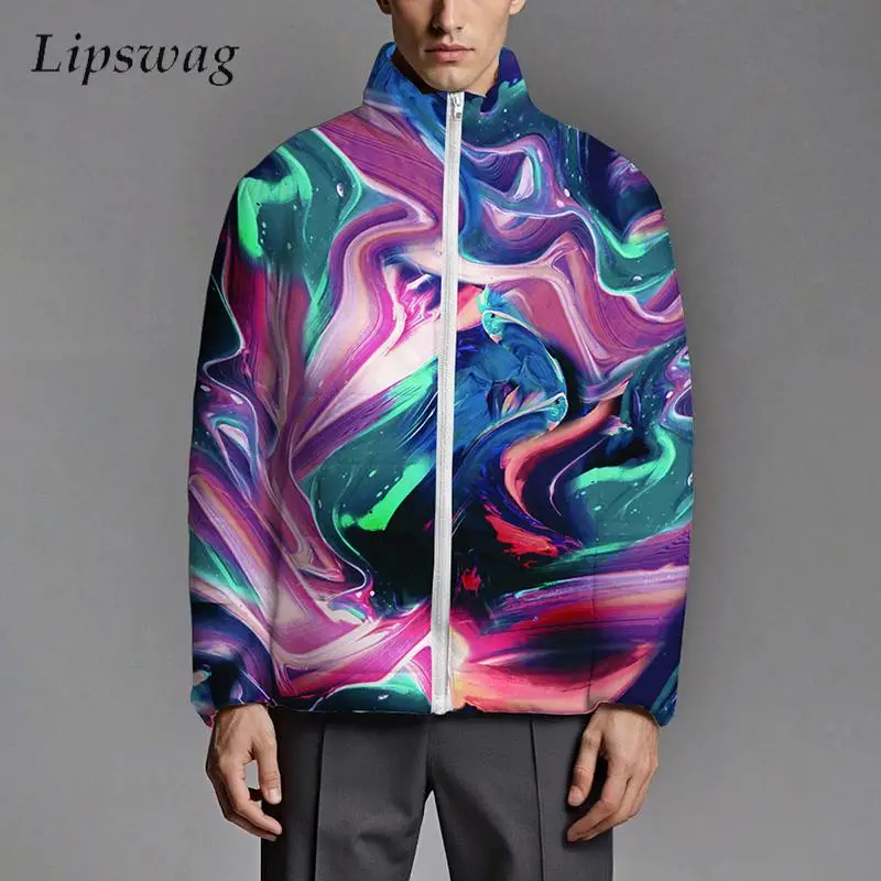 

Vintage Colorful Print Mens Down Jacket Coat Autumn Winter Outdoor Casual Warm Outerwear Men Clothes Stylish Stand Collar Coats