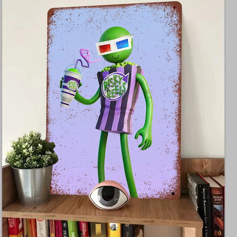 Risky Reels Themed Metal Wall Art Green Character Glasses Popcorn Drink Decorative Painting