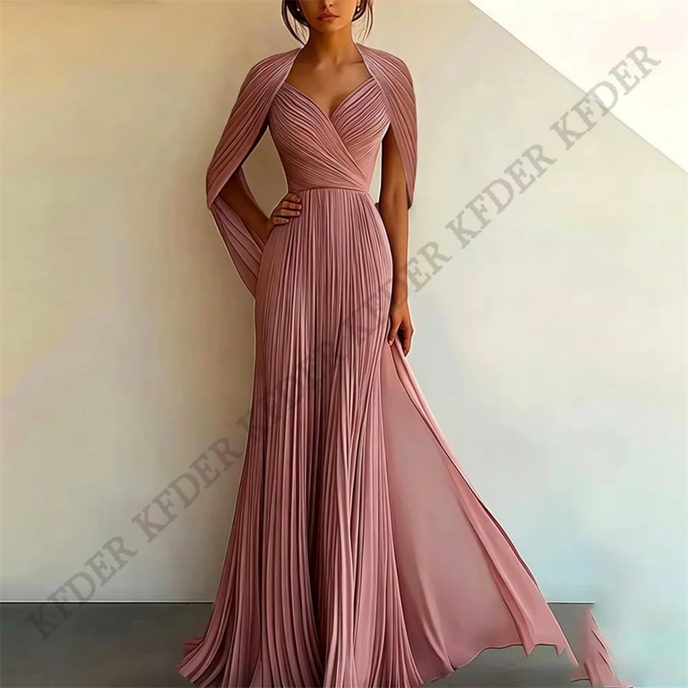 Dusty Pink Cape Sleeves A Line Prom Gowns Chiffon Custom Party Gown Floor Length Party-perfect Evening Dress Customize