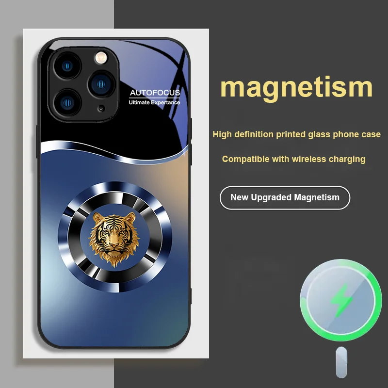 

For iPhone 15 12 14 Pro 13 Mini XS MAX 8 Plus 16 e 11 X XR Luxury Gold Tiger Head Purple Gradient Magnetic Glass Phone Case