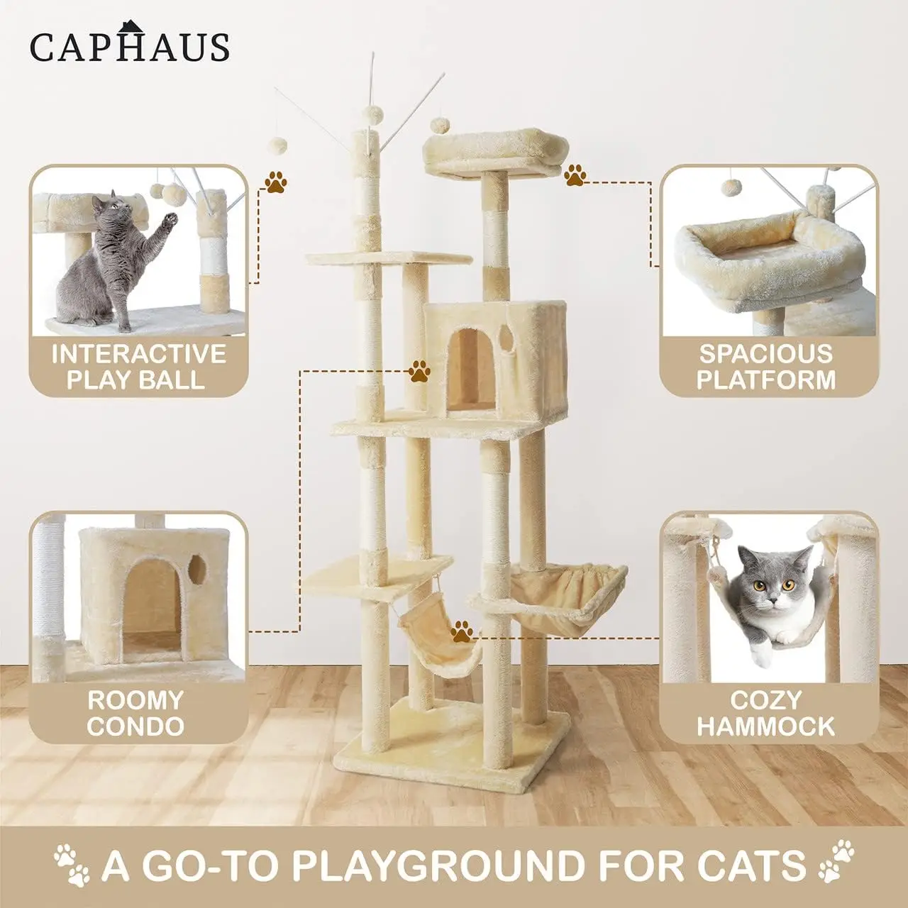 Imagem -03 - Caphaus-play Tower For Large Cats Escalada Alta Gatinhos Interiores Modernos Top Perch Caverna Condo Cat Tree Hammoc 70