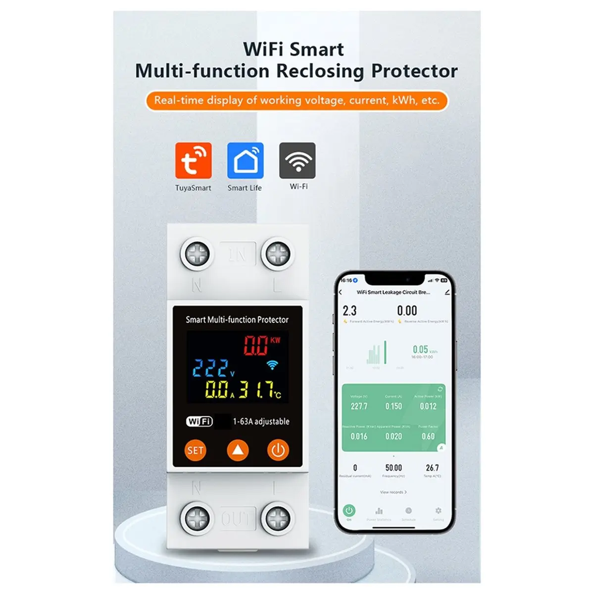 newA10R 2P 1-63A Tuya WiFi Smart Circuit Breaker LED Display Switch with Power Metering Smart Life Control Via for Home