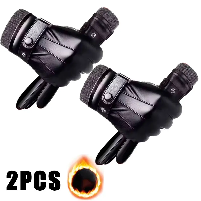 Winterhandschuhe für Herren, echtes Leder, warm, plus Samt, Touchscreen-Handschuhe, Outdoor, Radfahren, Fahren, Motorrad, PU-Handschuhe