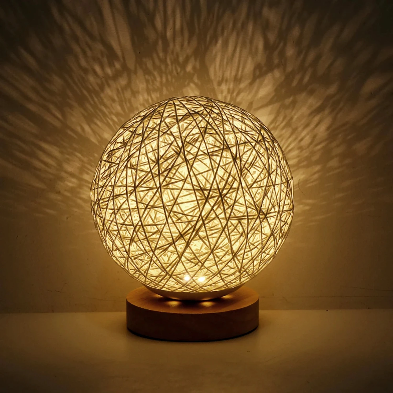 Sophisticated and Elegant Dimmable Wooden Table Lamp with Stylish Rattan Lampshade - Chic and Decorative Linen Ball Night Light 