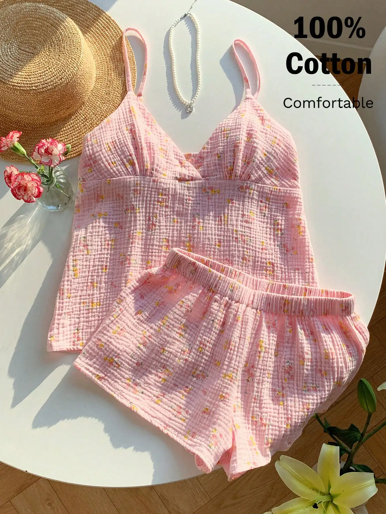 

2pcs Pink Floral Cotton V-Neck Camisole & Shorts Set for Summer Lounge or Pajamas
