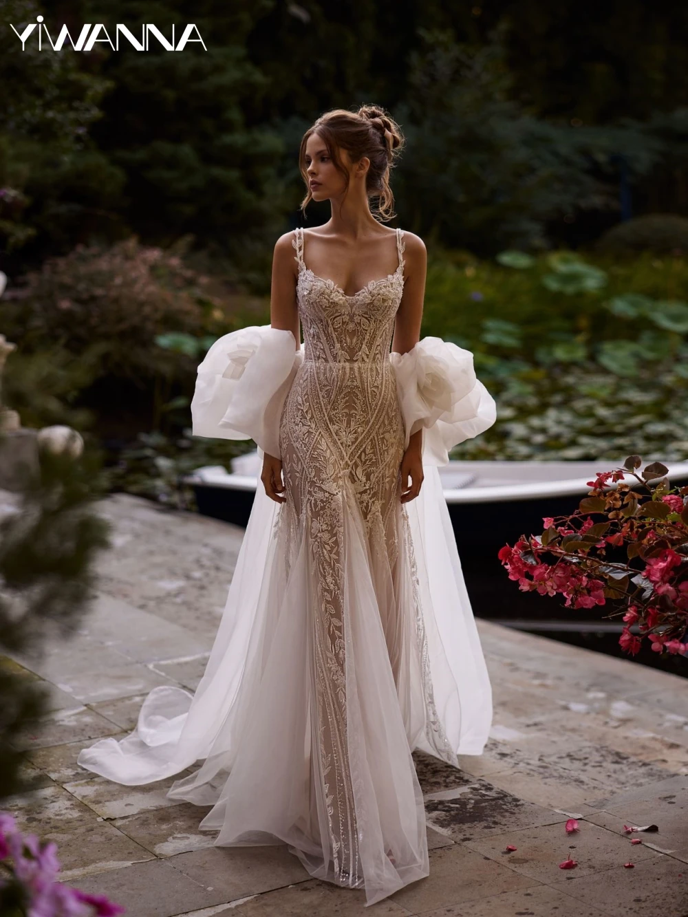 Luxury Embroidery Beaded Mermaid Long Wedding Dress With 3D Flower Shawl Lace Appliques Bridal Gown Customized Dresses For Bride