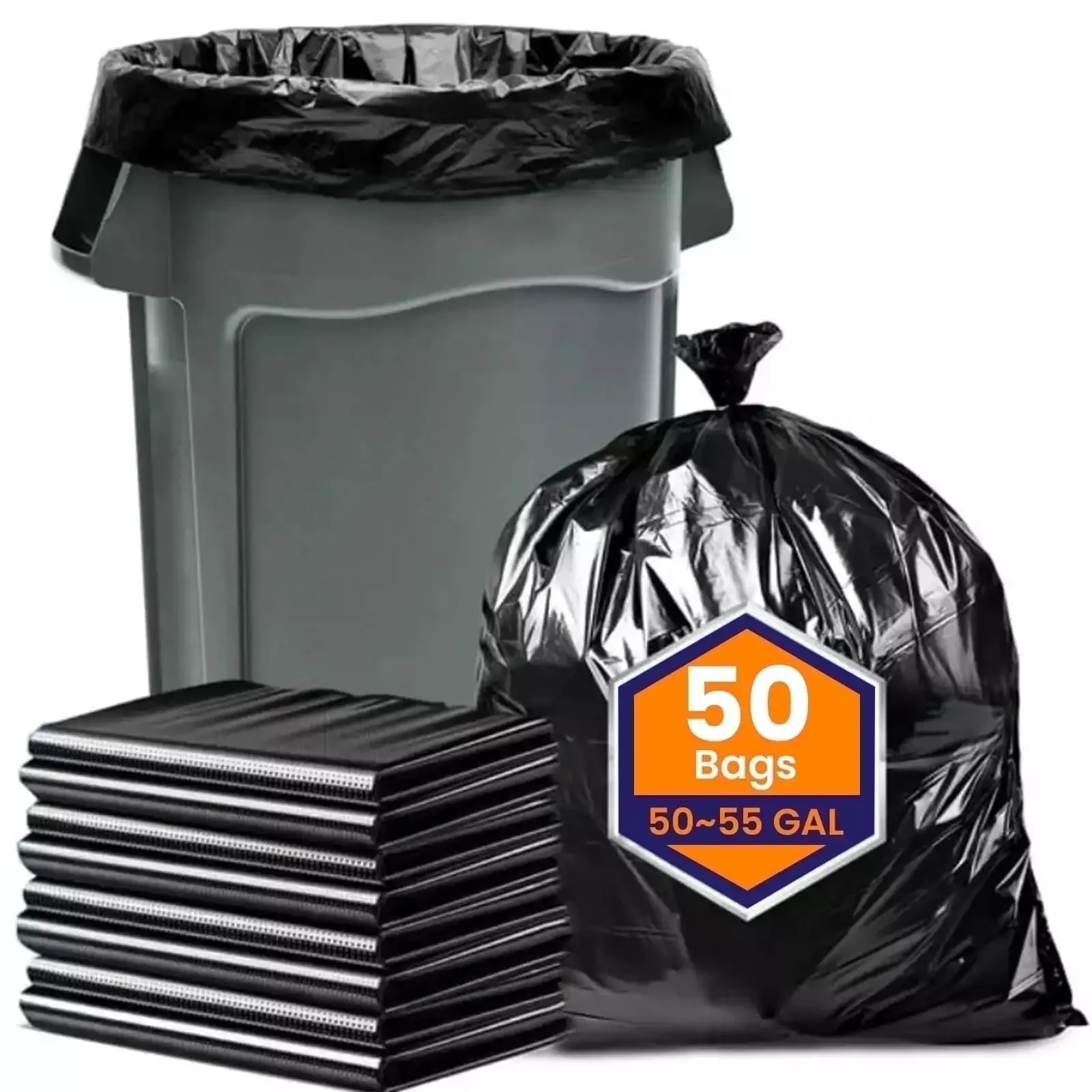 

50-55 Gallon Large Trash Bags, 50 Count Heavy Duty Black Garbage Bags for Office, Waste, Lawn and Leaf, 1.5 Mil