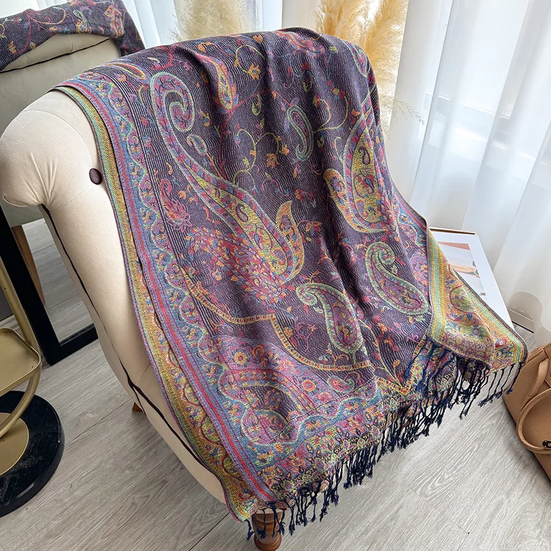 빈티지 여성용 겨울 인조 캐시미어 스카프 두꺼운 테슬 프린트 숄 랩 따뜻한 목도리 & 반다나 다용도 액세서리